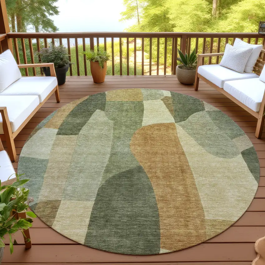 8' Fern Green And Gold Round Abstract Washable Indoor Outdoor Area Rug Photo 4
