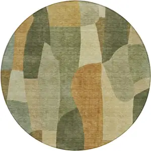 Photo of 8' Fern Green And Gold Round Abstract Washable Indoor Outdoor Area Rug