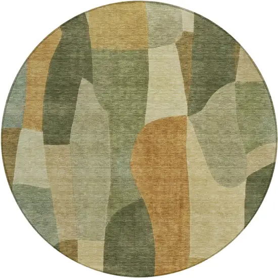 8' Fern Green And Gold Round Abstract Washable Indoor Outdoor Area Rug Photo 1