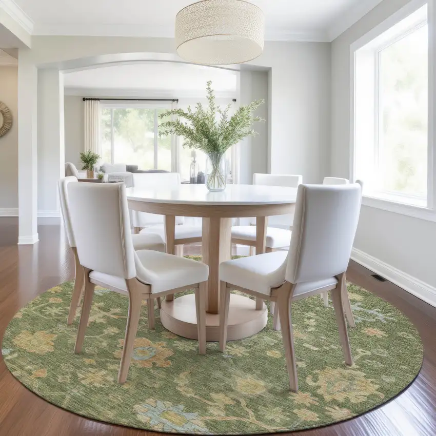 8' Fern Green And Gold Round Floral Washable Indoor Outdoor Area Rug Photo 7