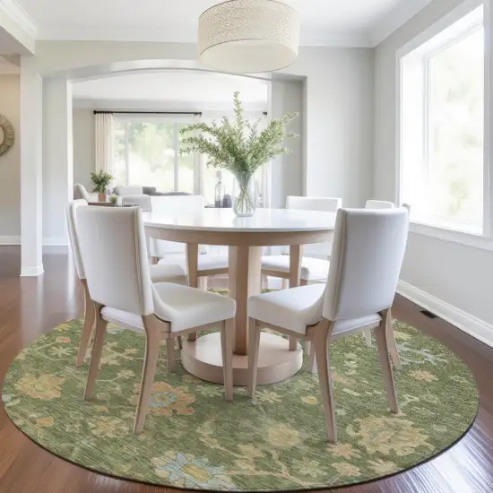 8' Fern Green And Gold Round Floral Washable Indoor Outdoor Area Rug Photo 7