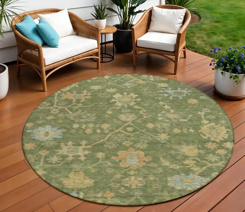 8' Fern Green And Gold Round Floral Washable Indoor Outdoor Area Rug Photo 2