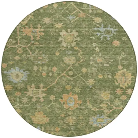 8' Fern Green And Gold Round Floral Washable Indoor Outdoor Area Rug Photo 3