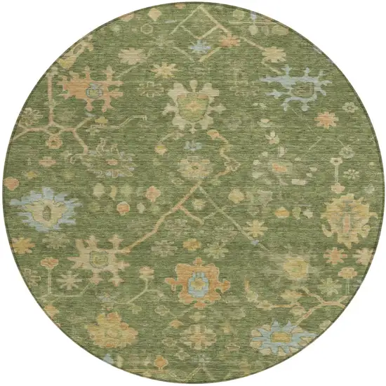 8' Fern Green And Gold Round Floral Washable Indoor Outdoor Area Rug Photo 1