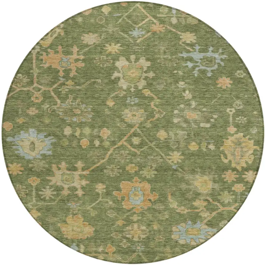 8' Fern Green And Gold Round Floral Washable Indoor Outdoor Area Rug Photo 1