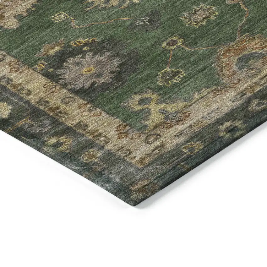 8' Fern Green And Gold Round Floral Washable Indoor Outdoor Area Rug Photo 7