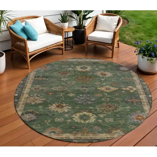 8' Fern Green And Gold Round Floral Washable Indoor Outdoor Area Rug Photo 2