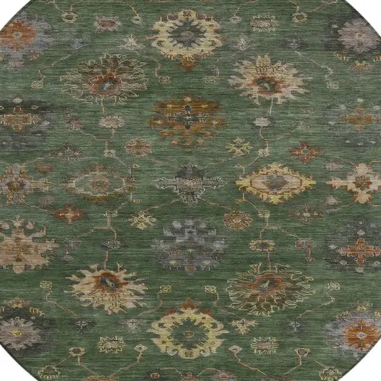 8' Fern Green And Gold Round Floral Washable Indoor Outdoor Area Rug Photo 4