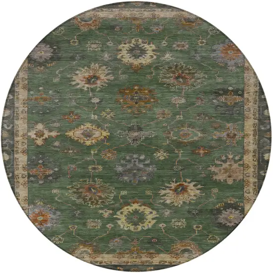 8' Fern Green And Gold Round Floral Washable Indoor Outdoor Area Rug Photo 3