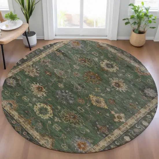 8' Fern Green And Gold Round Floral Washable Indoor Outdoor Area Rug Photo 6