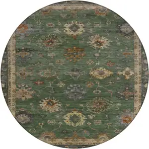 Photo of 8' Fern Green And Gold Round Floral Washable Indoor Outdoor Area Rug
