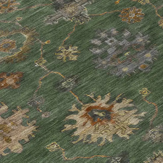 8' Fern Green And Gold Round Floral Washable Indoor Outdoor Area Rug Photo 8