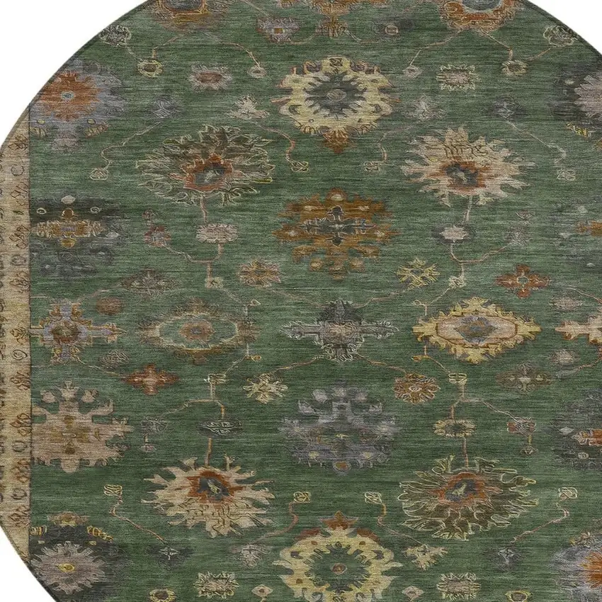 8' Fern Green And Gold Round Floral Washable Indoor Outdoor Area Rug Photo 9