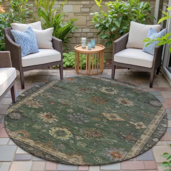 8' Fern Green And Gold Round Floral Washable Indoor Outdoor Area Rug Photo 5