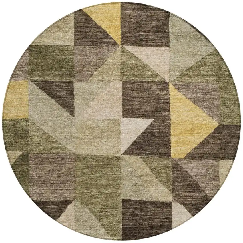 8' Fern Green And Gold Round Geometric Washable Indoor Outdoor Area Rug Photo 3