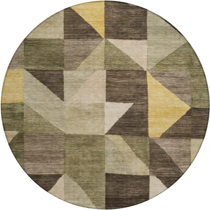 8' Fern Green And Gold Round Geometric Washable Indoor Outdoor Area Rug Photo 1
