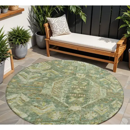 8' Fern Green And Gold Round Medallion Washable Indoor Outdoor Area Rug Photo 1