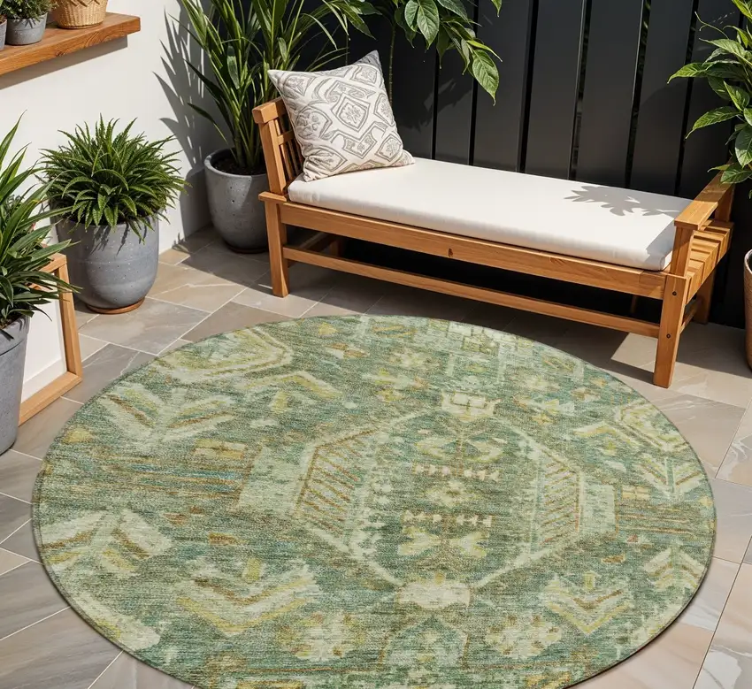 8' Fern Green And Gold Round Medallion Washable Indoor Outdoor Area Rug Photo 1