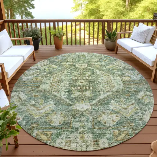 8' Fern Green And Gold Round Medallion Washable Indoor Outdoor Area Rug Photo 3