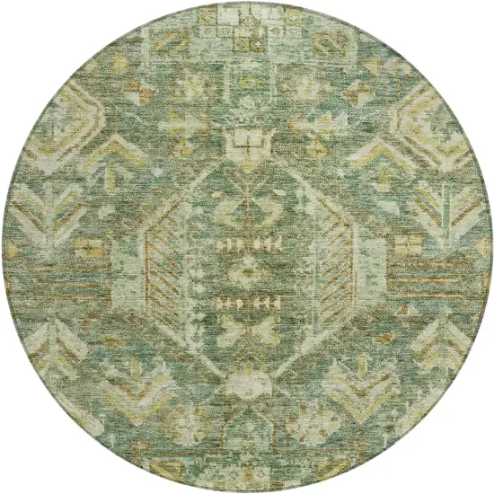 8' Fern Green And Gold Round Medallion Washable Indoor Outdoor Area Rug Photo 1