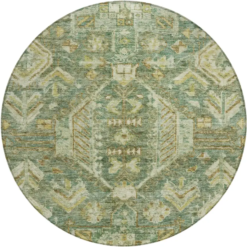 8' Fern Green And Gold Round Medallion Washable Indoor Outdoor Area Rug Photo 1