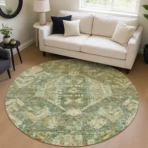 Photo of 8' Fern Green And Gold Round Medallion Washable Indoor Outdoor Area Rug