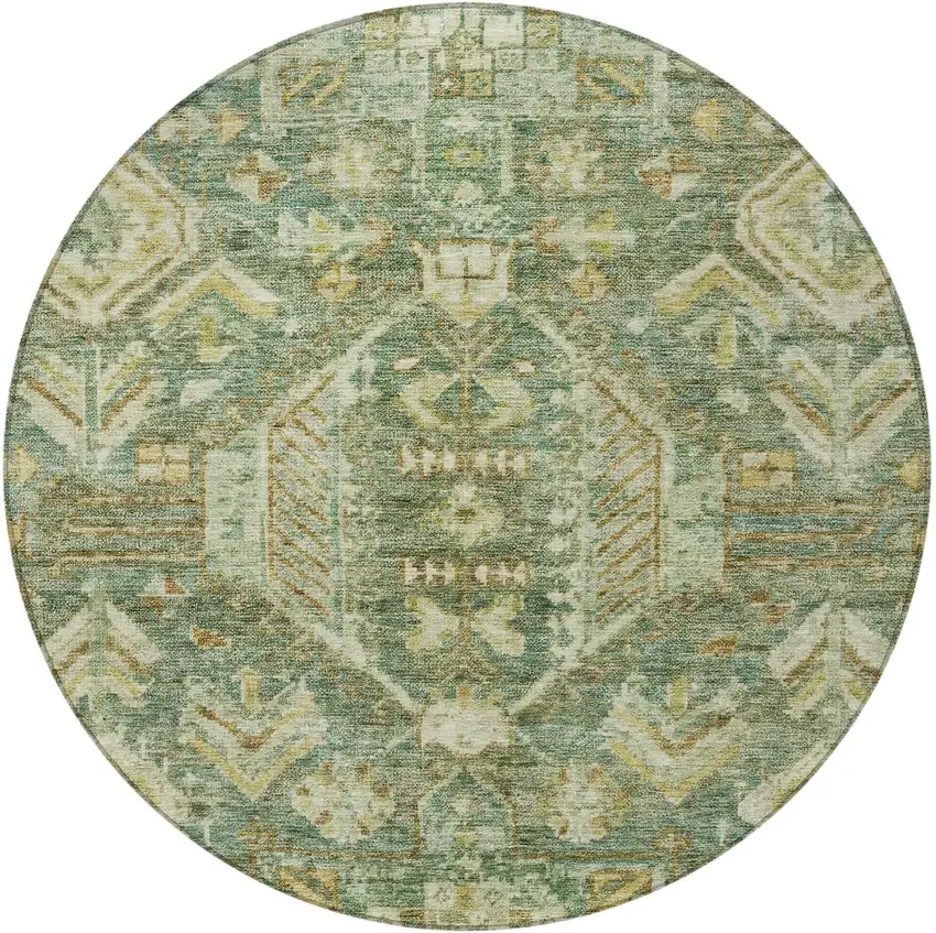 8' Fern Green And Gold Round Medallion Washable Indoor Outdoor Area Rug Photo 2