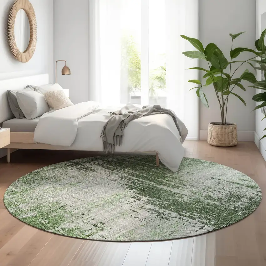 8' Fern Green And Gray Abstract Washable Round Rug With UV Protection Photo 5