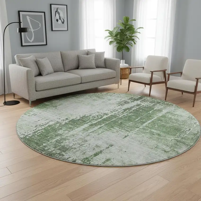 8' Fern Green And Gray Abstract Washable Round Rug With UV Protection Photo 2