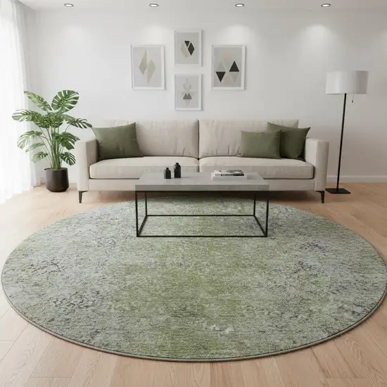 8' Fern Green And Gray Abstract Washable Round Rug With UV Protection Photo 2