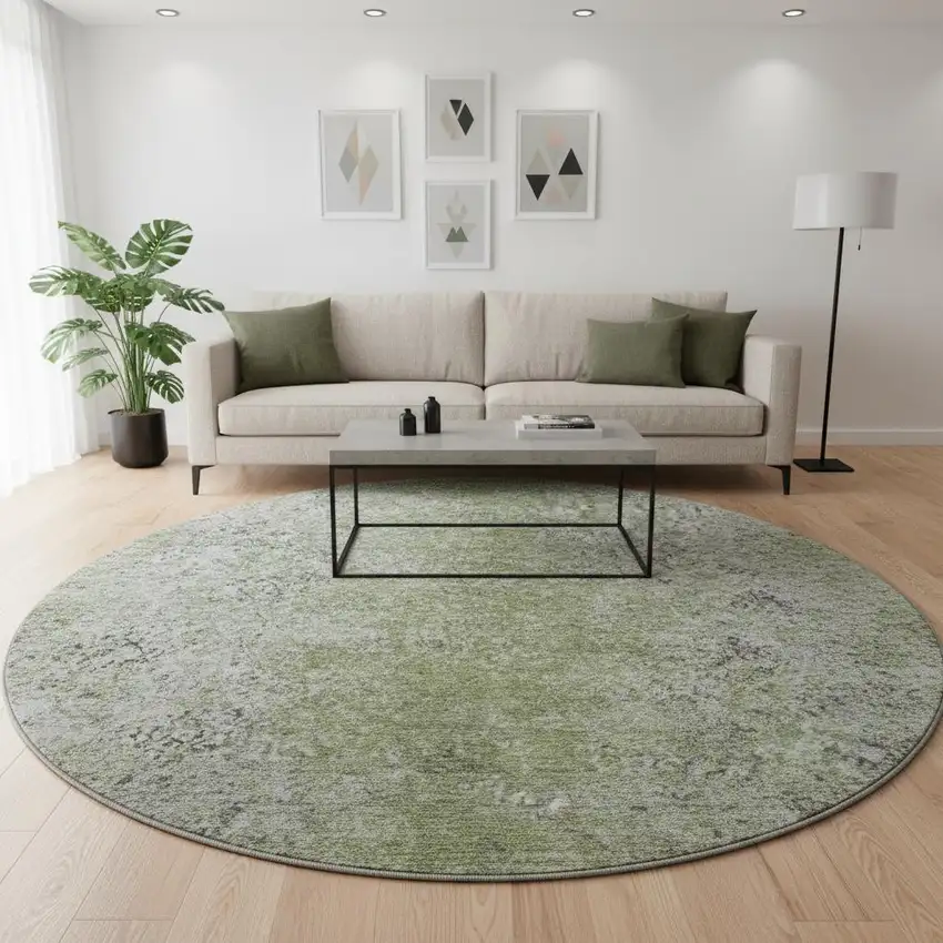 8' Fern Green And Gray Abstract Washable Round Rug With UV Protection Photo 2