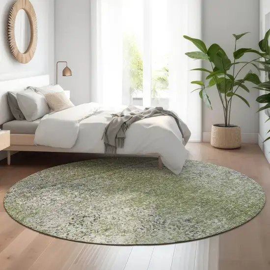 8' Fern Green And Gray Abstract Washable Round Rug With UV Protection Photo 5