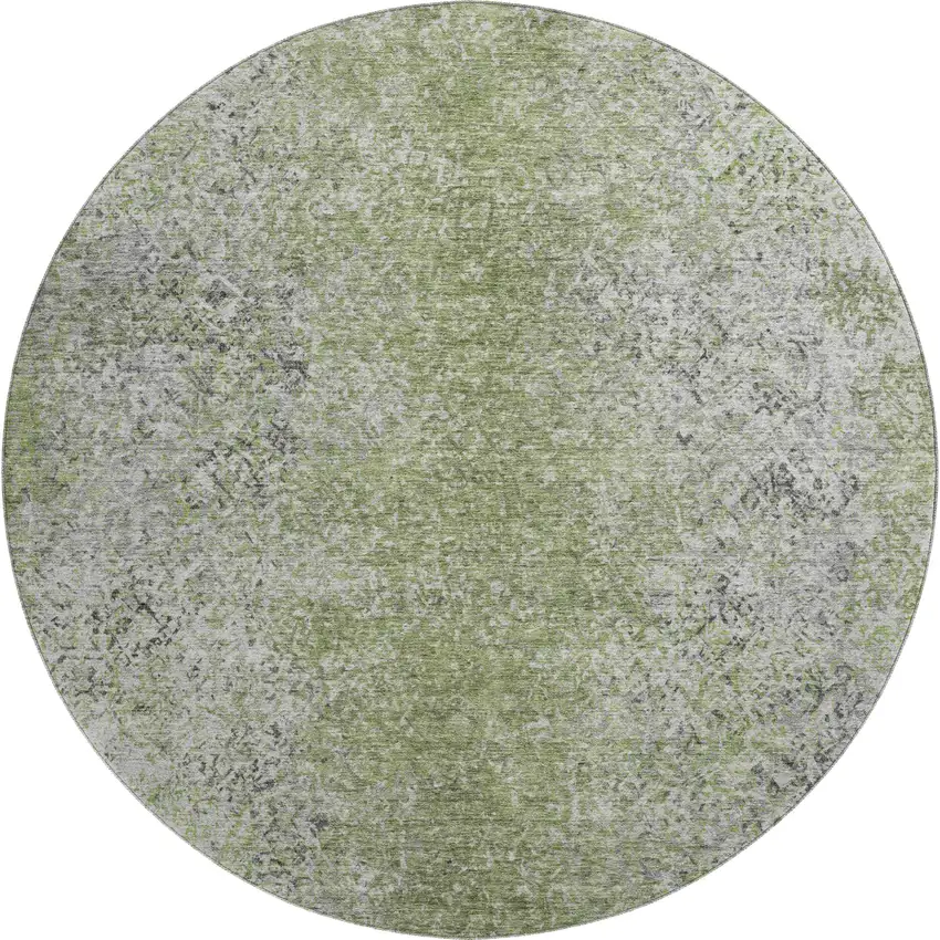 8' Fern Green And Gray Abstract Washable Round Rug With UV Protection Photo 1