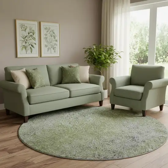 8' Fern Green And Gray Abstract Washable Round Rug With UV Protection Photo 1