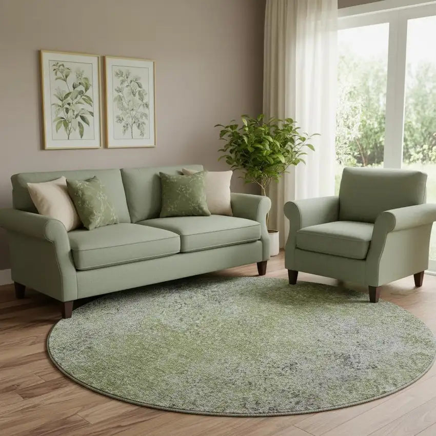 8' Fern Green And Gray Abstract Washable Round Rug With UV Protection Photo 1