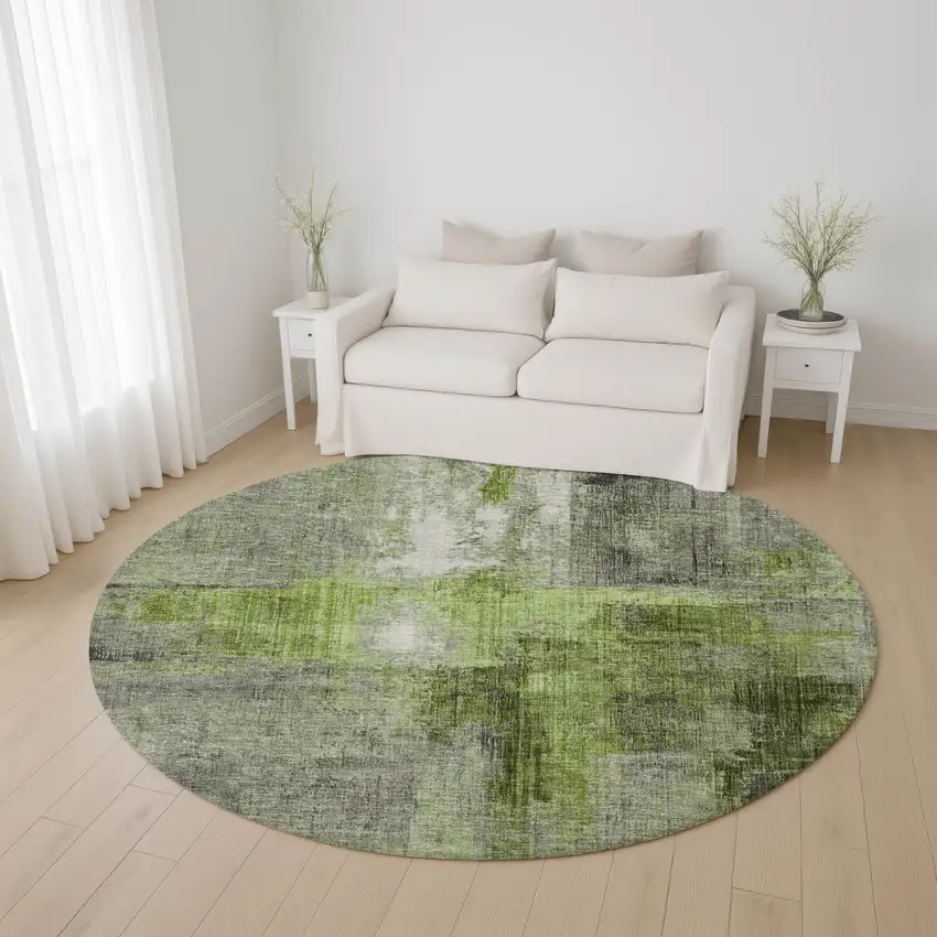 8' Fern Green And Gray Abstract Washable Round Rug With UV Protection Photo 4
