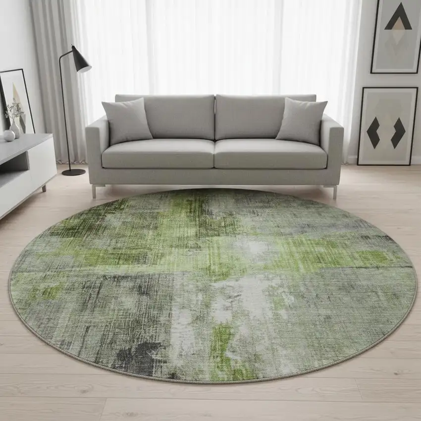 8' Fern Green And Gray Abstract Washable Round Rug With UV Protection Photo 2