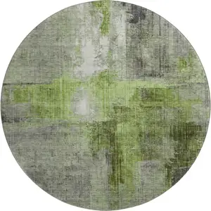 Photo of 8' Fern Green And Gray Abstract Washable Round Rug With UV Protection