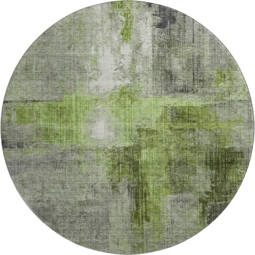 8' Fern Green And Gray Abstract Washable Round Rug With UV Protection Photo 1