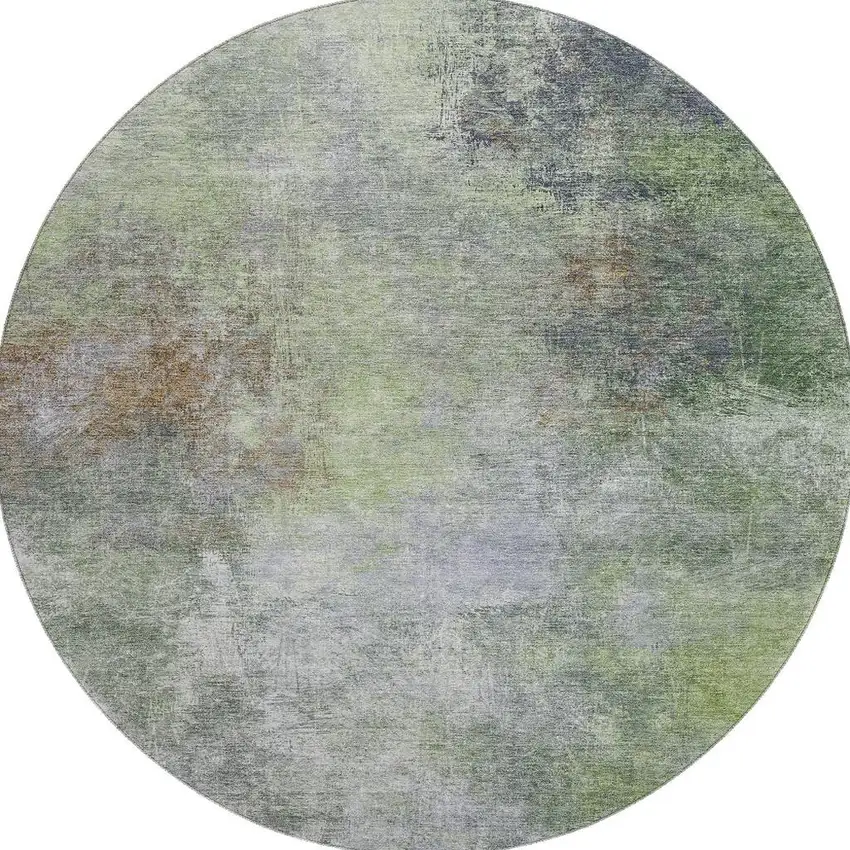 8' Fern Green And Gray Abstract Washable Round Rug With UV Protection Photo 4