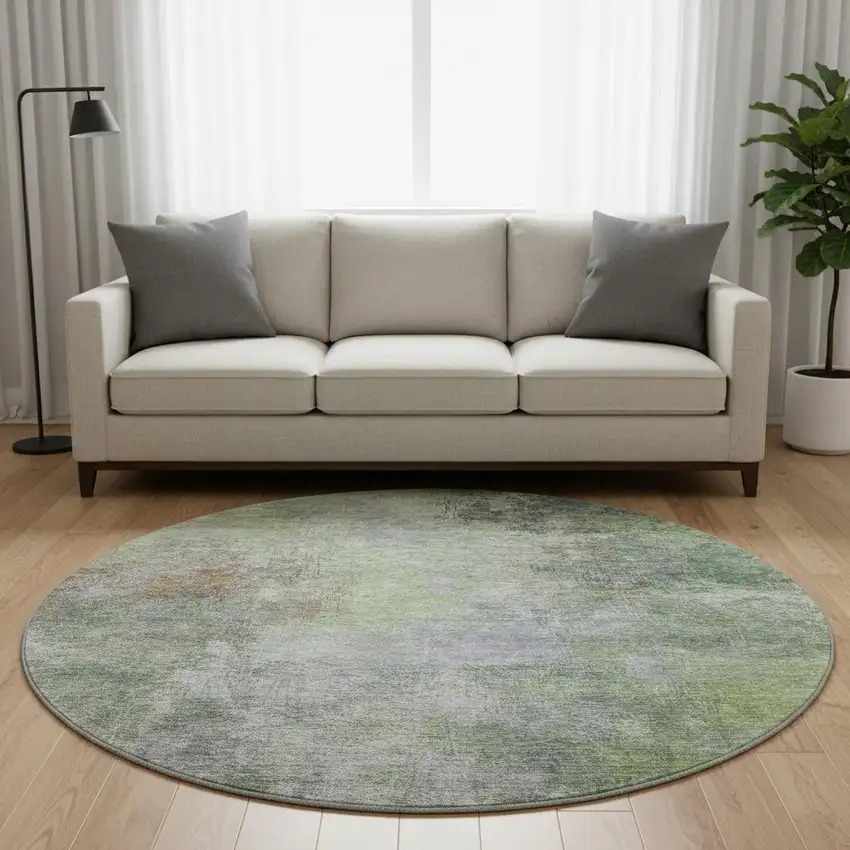 8' Fern Green And Gray Abstract Washable Round Rug With UV Protection Photo 2