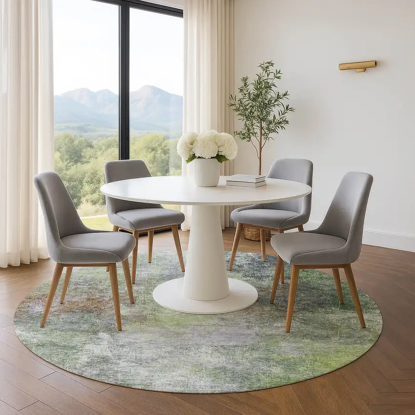 8' Fern Green And Gray Abstract Washable Round Rug With UV Protection Photo 5
