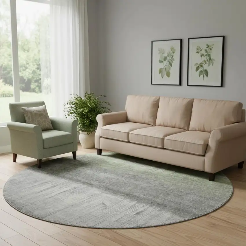 8' Fern Green And Gray Abstract Washable Round Rug With UV Protection Photo 2