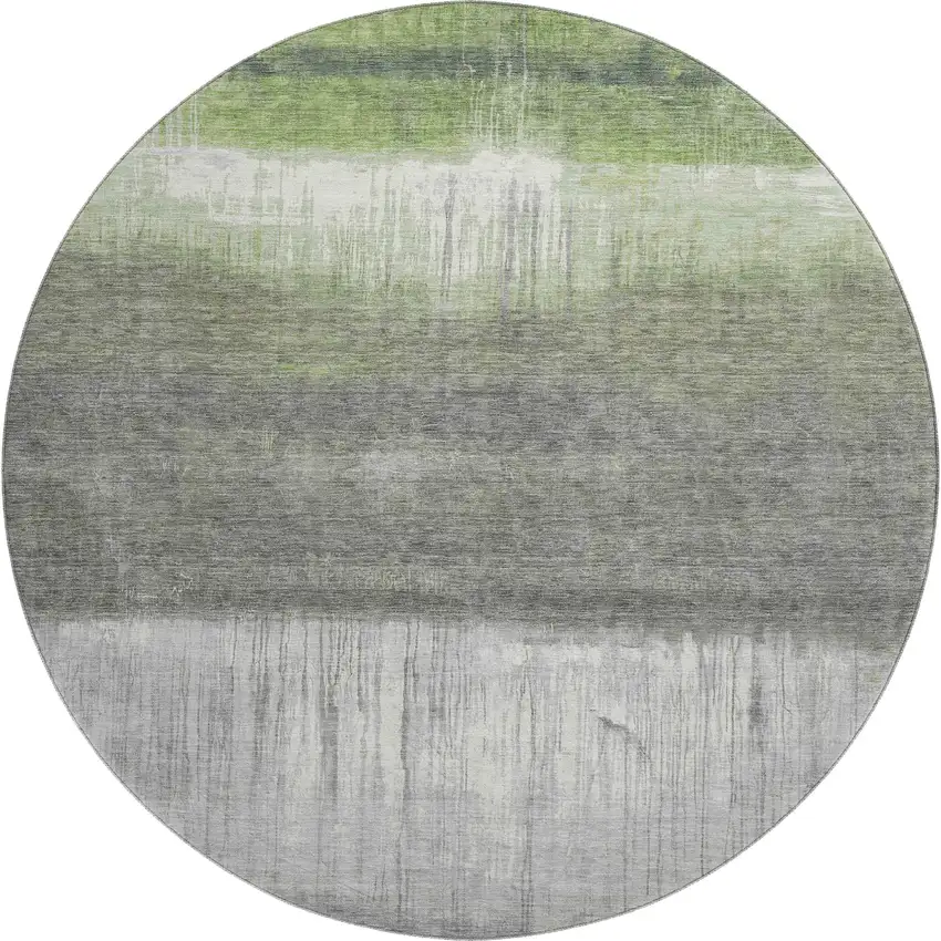 8' Fern Green And Gray Abstract Washable Round Rug With UV Protection Photo 1