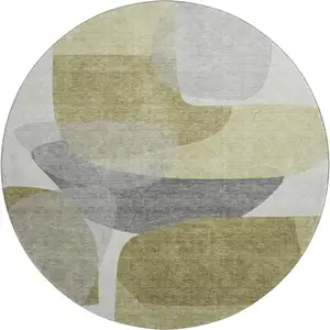 Photo of 8' Fern Green And Gray Abstract Washable Round Rug With UV Protection