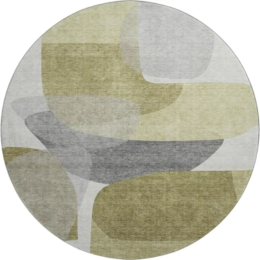 8' Fern Green And Gray Abstract Washable Round Rug With UV Protection Photo 1