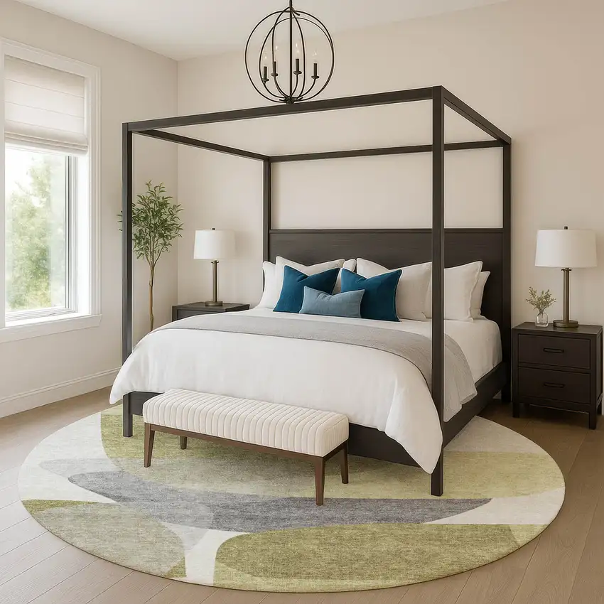 8' Fern Green And Gray Abstract Washable Round Rug With UV Protection Photo 5