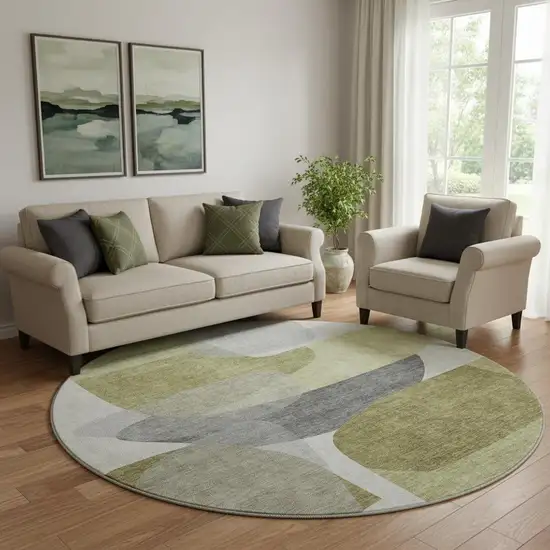 8' Fern Green And Gray Abstract Washable Round Rug With UV Protection Photo 2