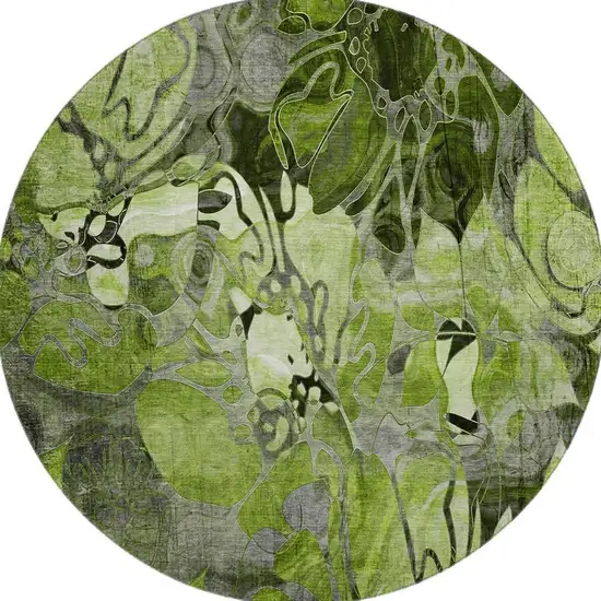 8' Fern Green And Gray Floral Washable Round Rug With UV Protection Photo 4