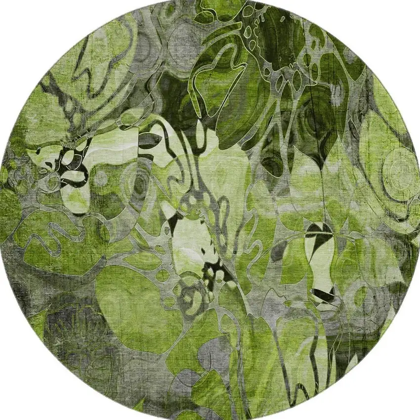 8' Fern Green And Gray Floral Washable Round Rug With UV Protection Photo 4